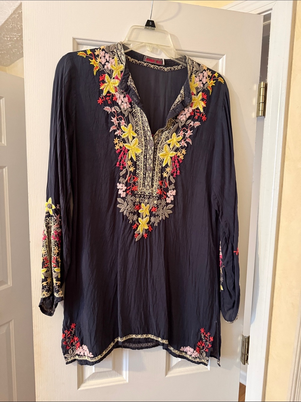Johnny Was Navy Embroidered V-Neck Tunic with Yellow & Pink Floral